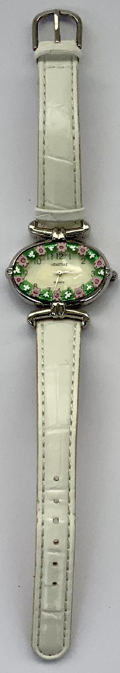 Italian quartz watch with mille fiore' glass front and leather strap